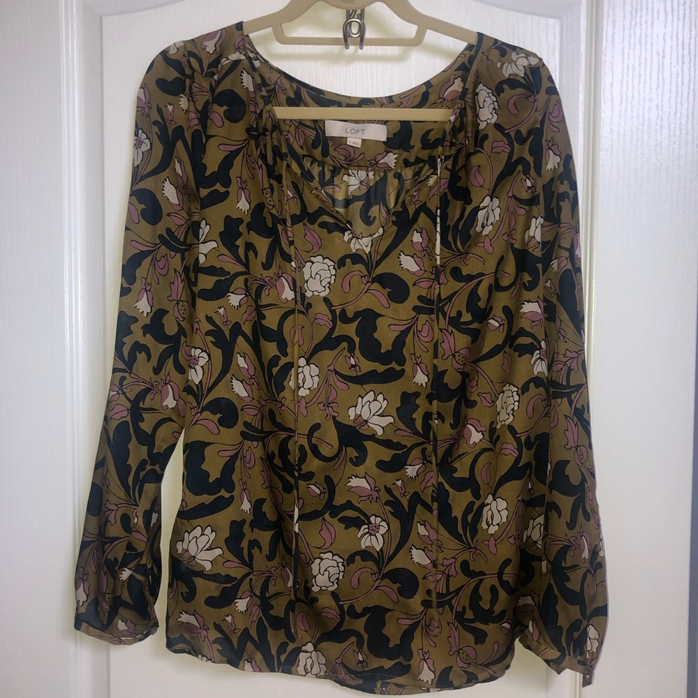 Ann Taylor Loft Floral Olive Green Blouse